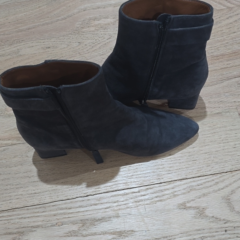 Aquatalia Women’s Gray Suede Ankle Bootie Size 8 Zip Buckle Pointed Toe - Picture 2 of 4